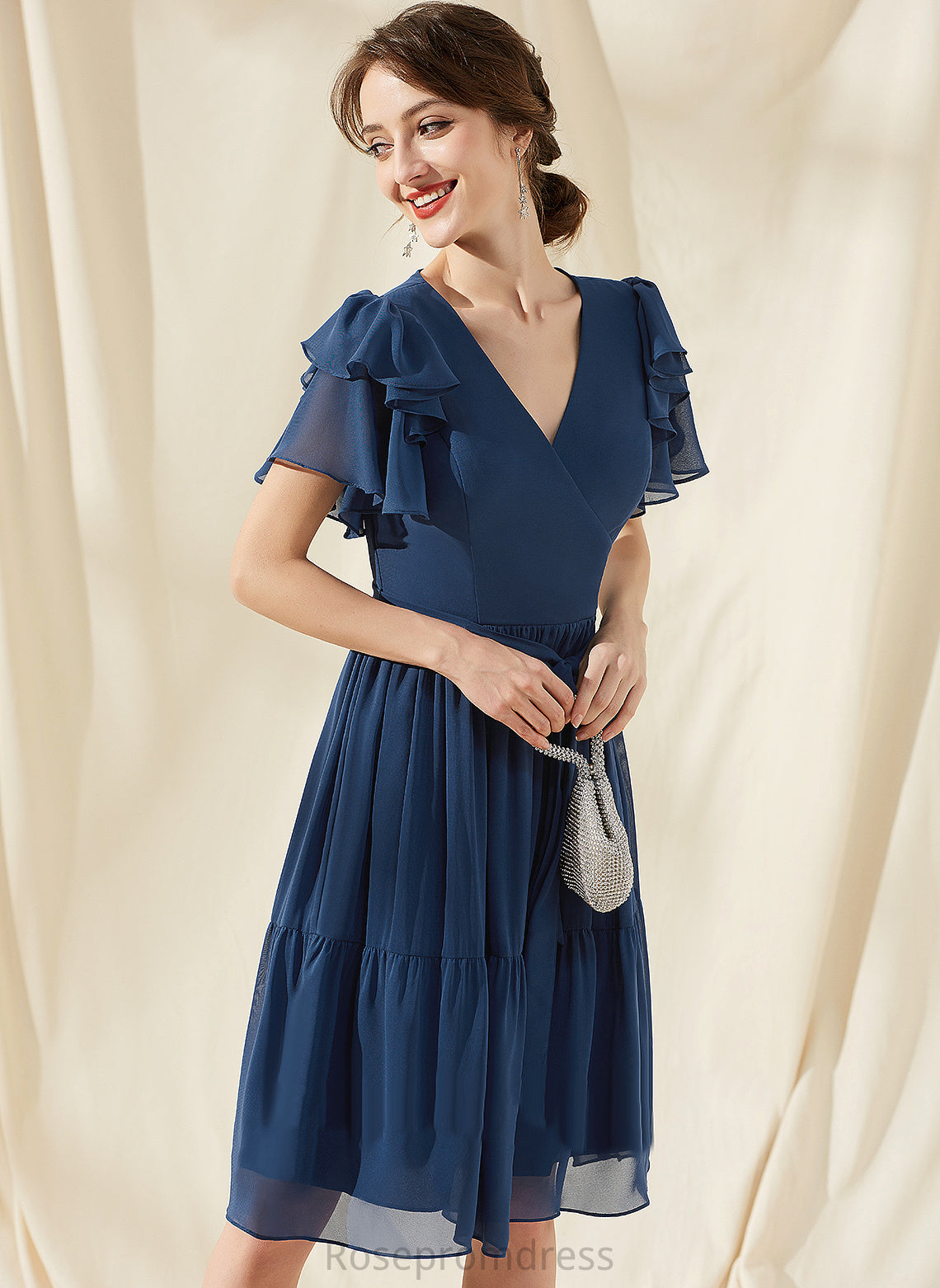 Neckline Silhouette Fabric Length Bow(s) Embellishment CascadingRuffles A-Line Knee-Length V-neck Hilda Bridesmaid Dresses