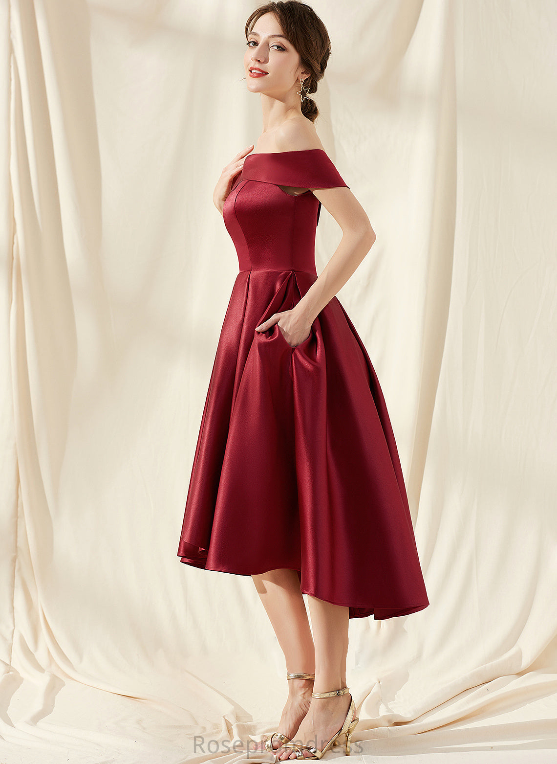 Pockets Off-the-Shoulder Length A-Line Neckline Embellishment Silhouette Asymmetrical Fabric Elva Bridesmaid Dresses