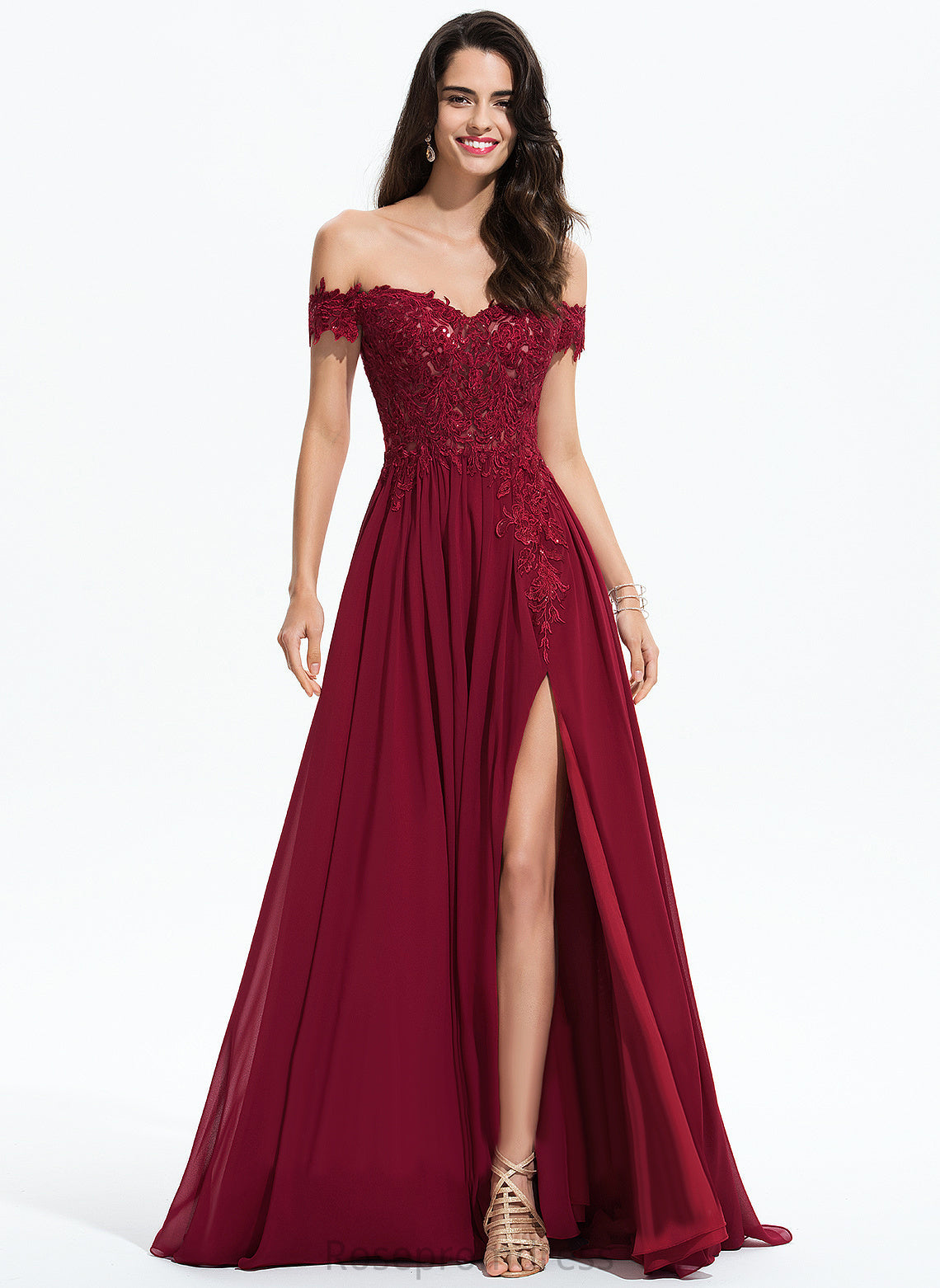 Prom Dresses Sequins With Sweep Chiffon Off-the-Shoulder Train Rebecca A-Line