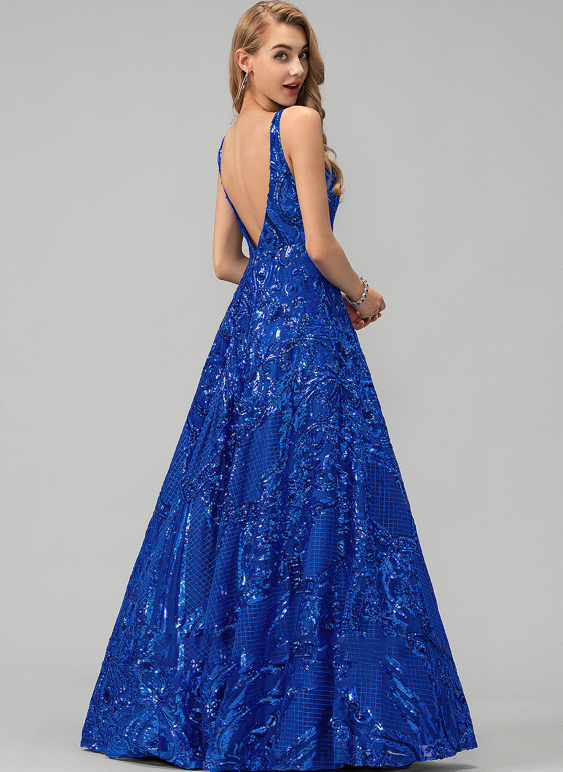 Prom Dresses Sequined Floor-Length Sequins A-Line V-neck Sadie With