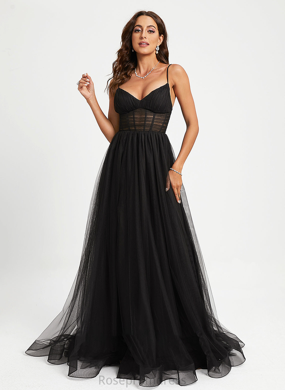 Megan Pleated V-neck Train Ball-Gown/Princess Prom Dresses Sweep With Tulle