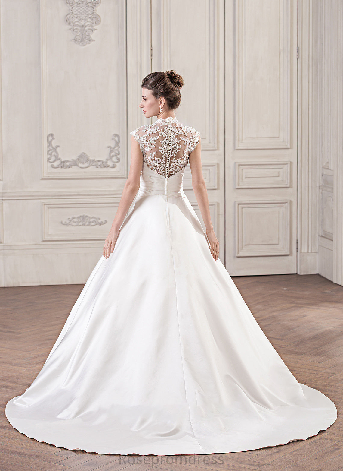 Dress Satin Lace Ruffle Court Dahlia Wedding Wedding Dresses Ball-Gown/Princess With Train V-neck