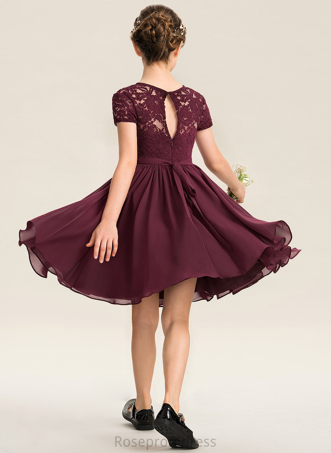 Lace With A-Line Payton Chiffon Bow(s) Neck Scoop Junior Bridesmaid Dresses Knee-Length