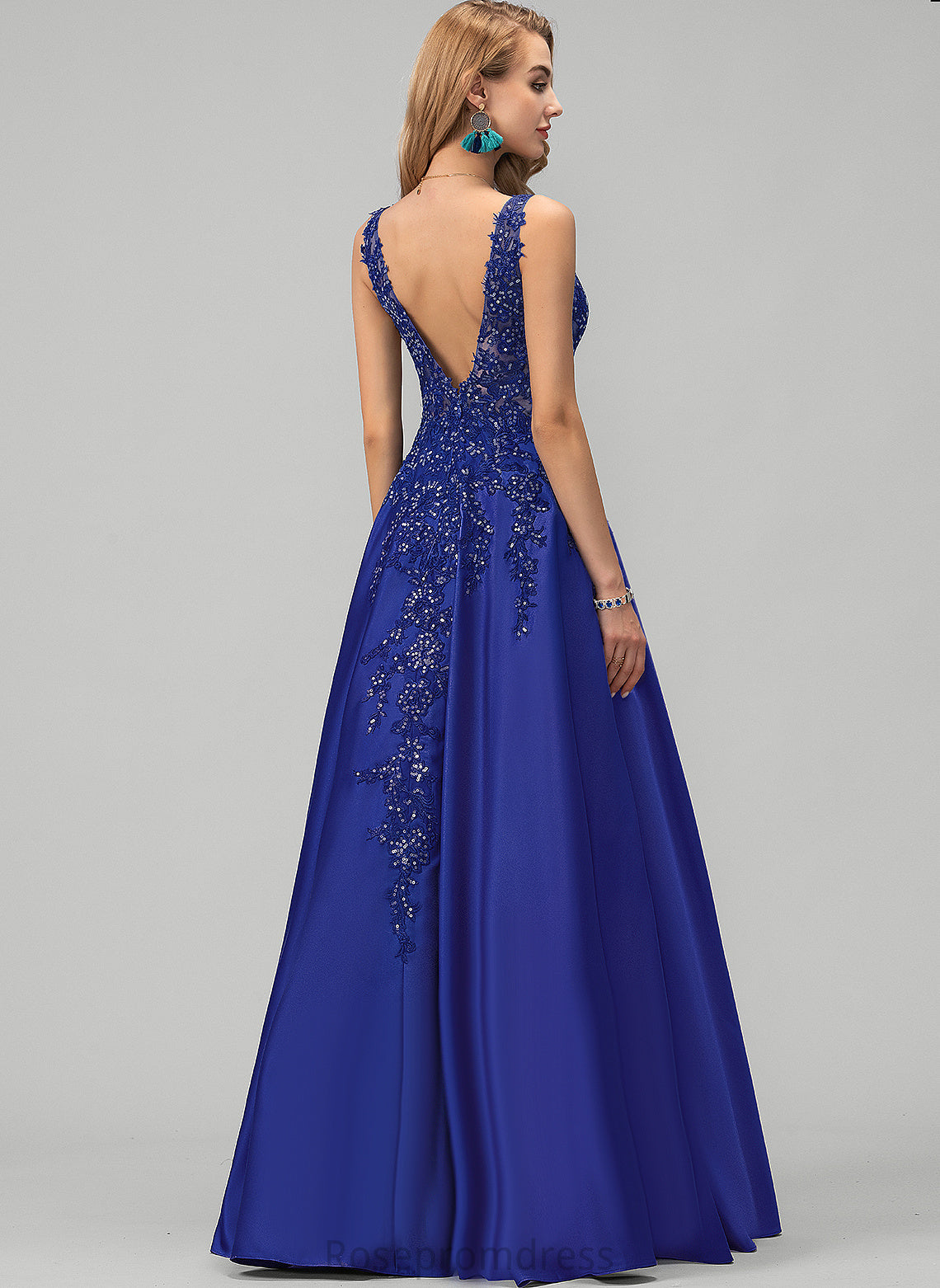 Prom Dresses Floor-Length Sequins With A-Line Angelica Satin V-neck