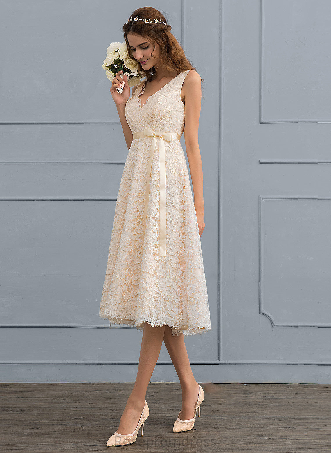 Lace Alma Bow(s) Wedding V-neck With Dress Wedding Dresses Knee-Length A-Line