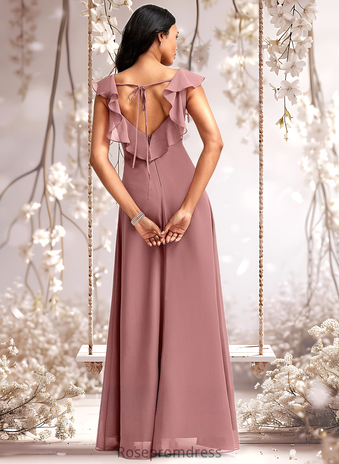 Rachael A-line V-Neck Floor-Length Chiffon Bridesmaid Dress With Ruffle DSP0025751