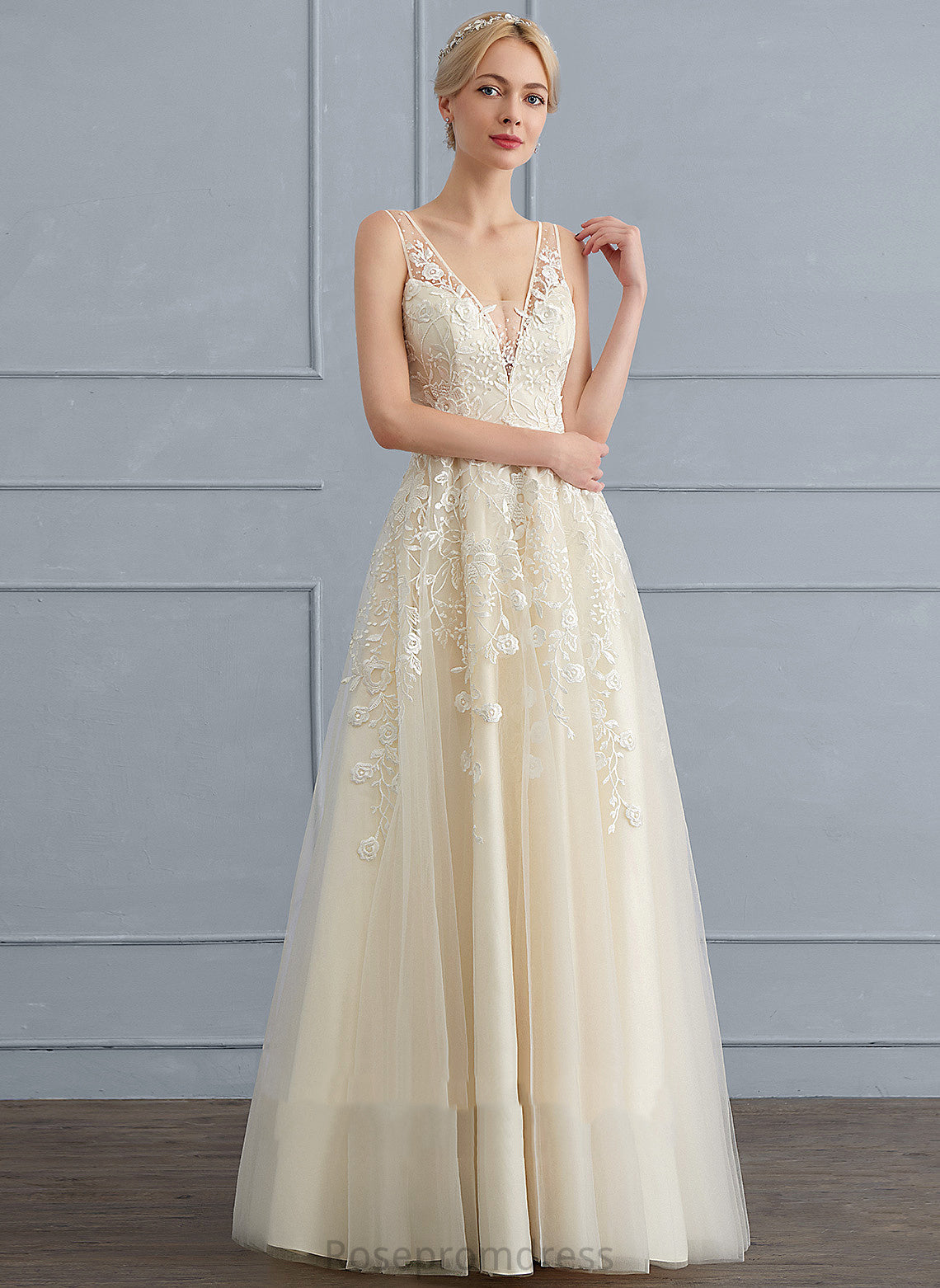 Dress A-Line With Lace Sequins Setlla V-neck Floor-Length Wedding Beading Tulle Wedding Dresses