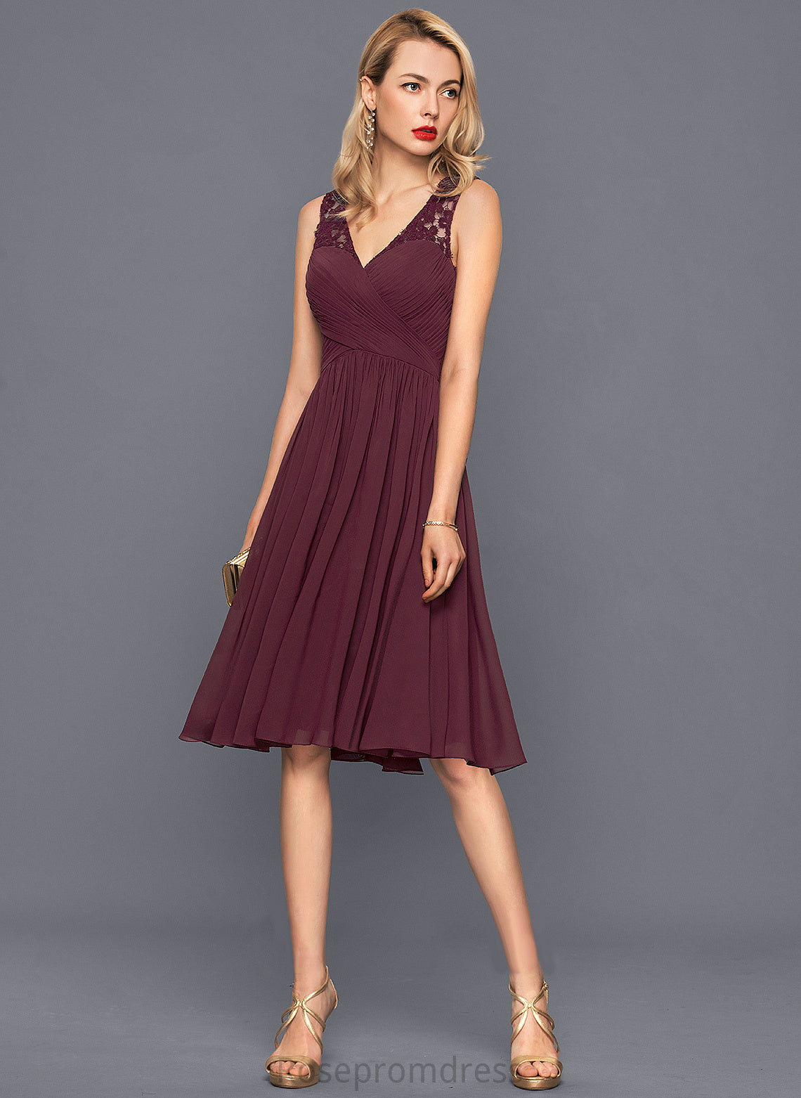 Knee-Length V-neck Length Silhouette A-Line Fabric Ruffle Neckline Embellishment Jessica Sleeveless Floor Length Bridesmaid Dresses