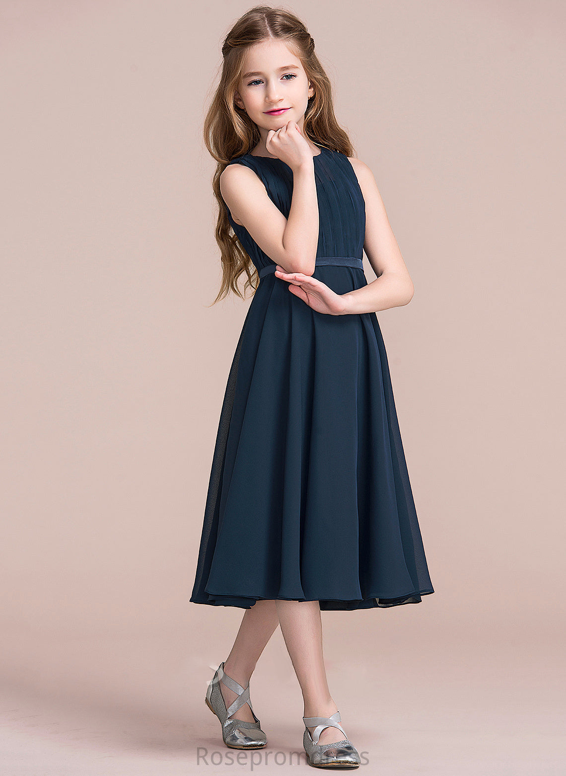 Neck Winnie Tea-Length Junior Bridesmaid Dresses With Scoop Chiffon Ruffle A-Line