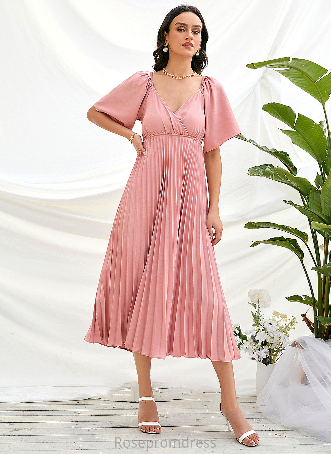 Neckline Fabric Length Pleated Silhouette Tea-Length A-Line V-neck Embellishment Jamiya A-Line/Princess Natural Waist Bridesmaid Dresses