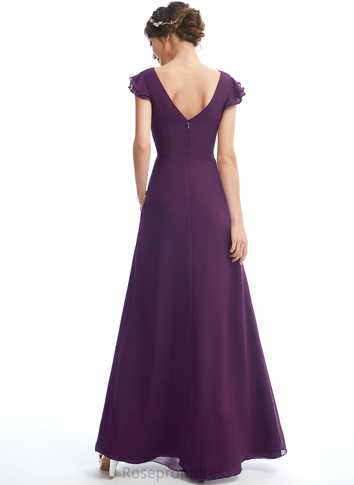 Floor-Length Embellishment Pockets Length A-Line Fabric Silhouette V-neck Ruffle Neckline Theresa Natural Waist Bridesmaid Dresses
