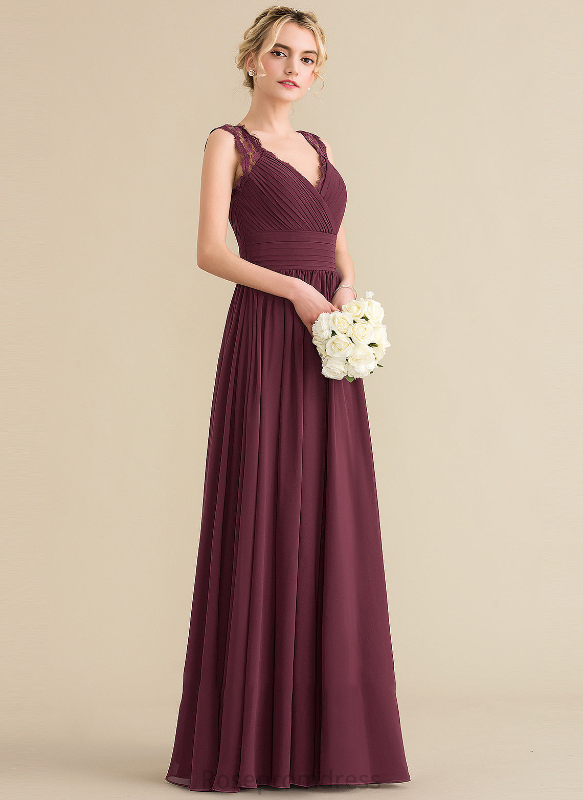 Neckline V-neck Embellishment Ruffle Floor-Length A-Line Fabric Length Bow(s) Silhouette Averie Natural Waist Bridesmaid Dresses