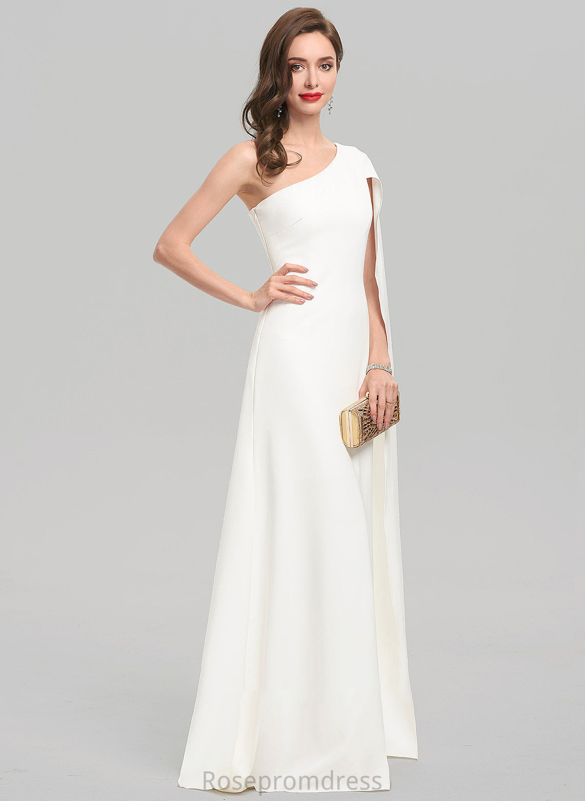Crepe Floor-Length Wedding Sheath/Column Gianna One-Shoulder Dress Wedding Dresses Stretch