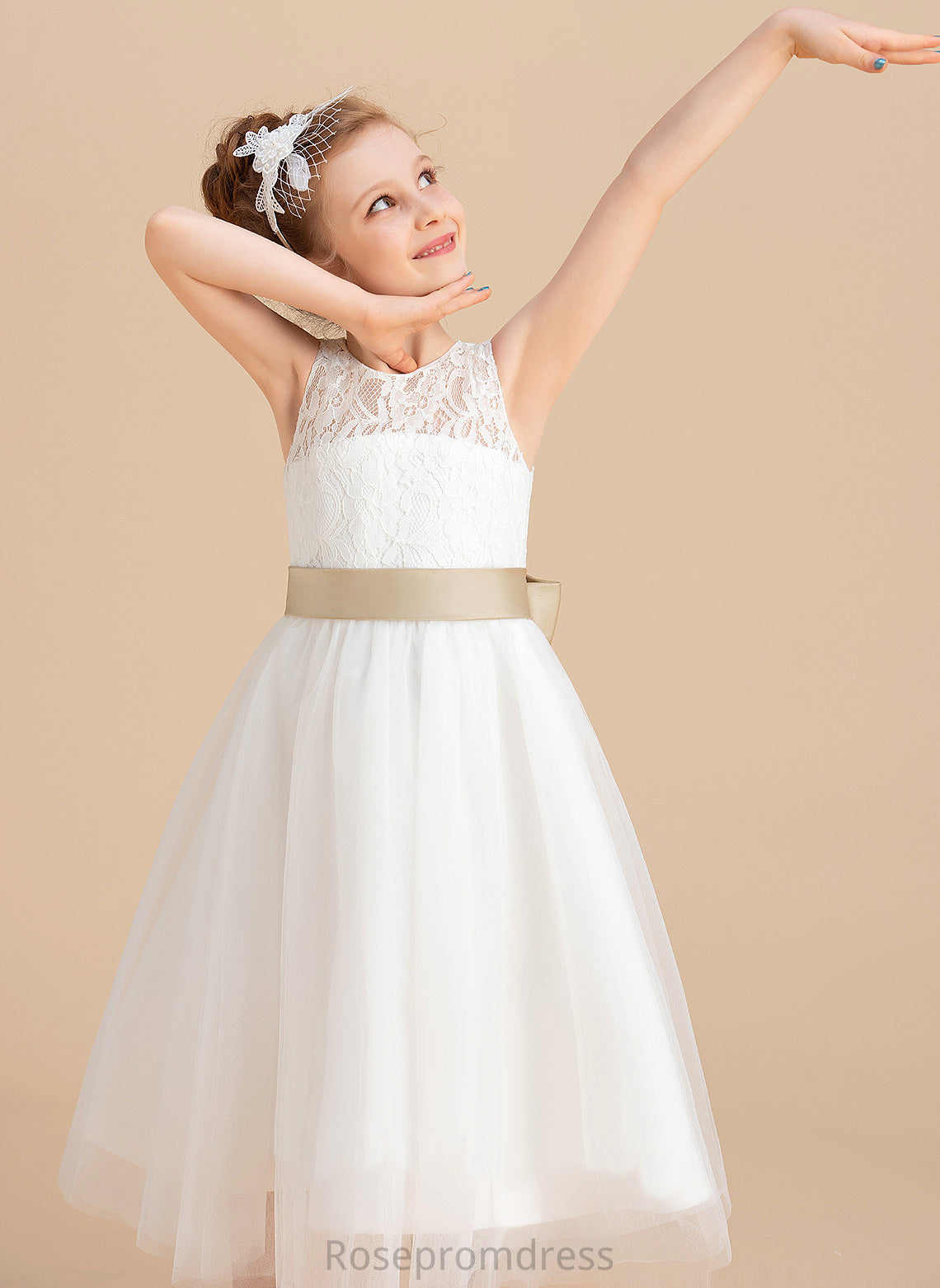 Girl Flower Hole With Jaylee Tulle/Lace Dress Tea-length Flower Girl Dresses Sash/Bow(s)/Back Sleeveless Scoop Neck A-Line/Princess
