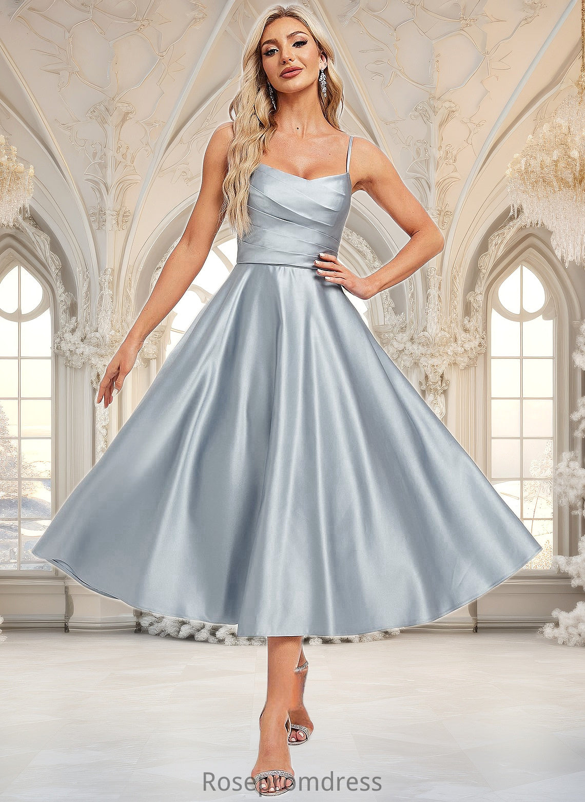 Athena A-line V-Neck Tea-Length Satin Homecoming Dress DSP0025694