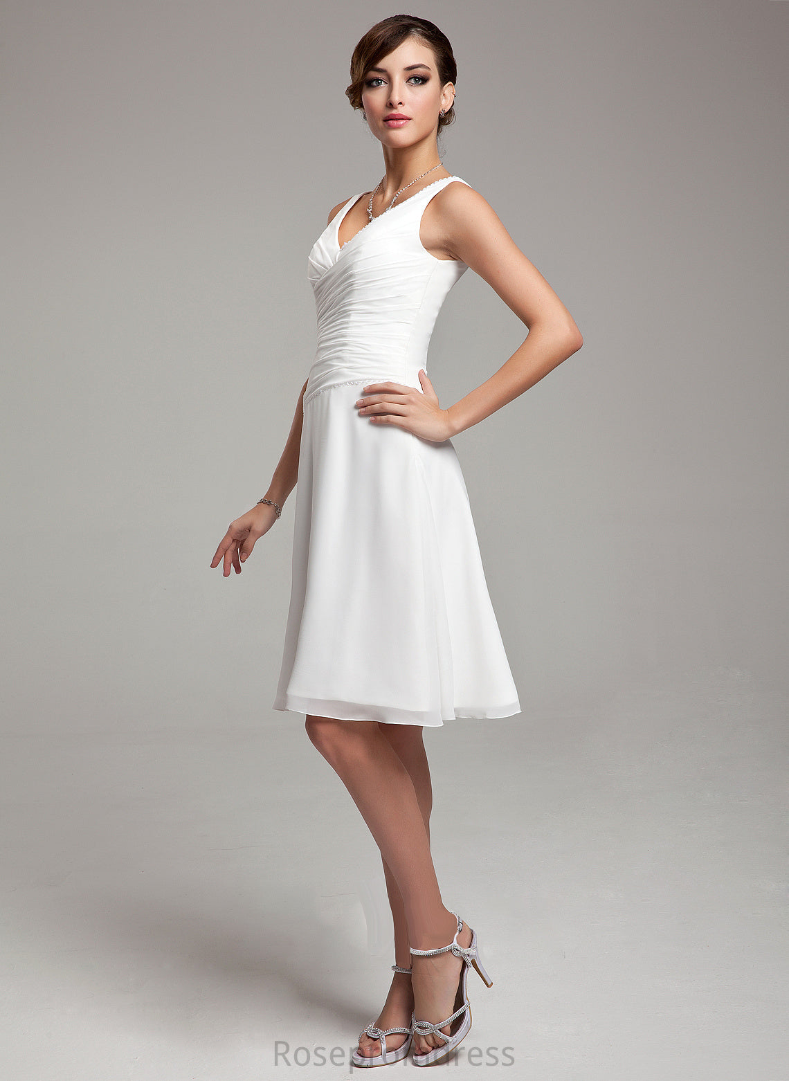 Chiffon Ruffle Wedding Dresses Dress Beading Wedding A-Line With V-neck Knee-Length Sequins Saniya
