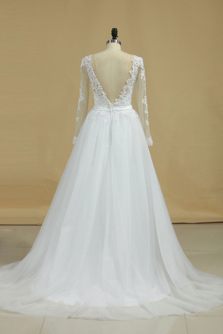 2024 Boat Neck Wedding Dresses A-Line Long Sleeves Applique Tulle