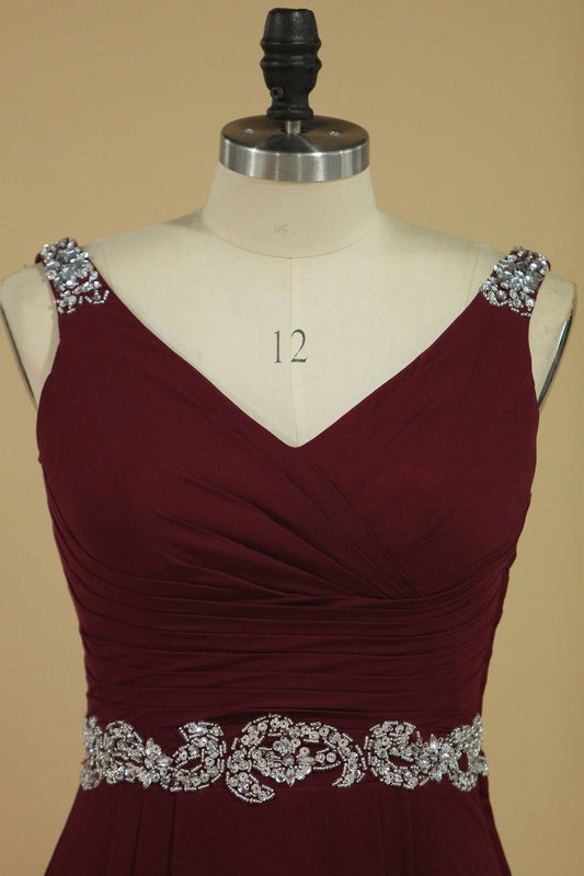 2024 V Neck Bridesmaid Dresses A Line With Beads And Ruffles Floor Length Chiffon