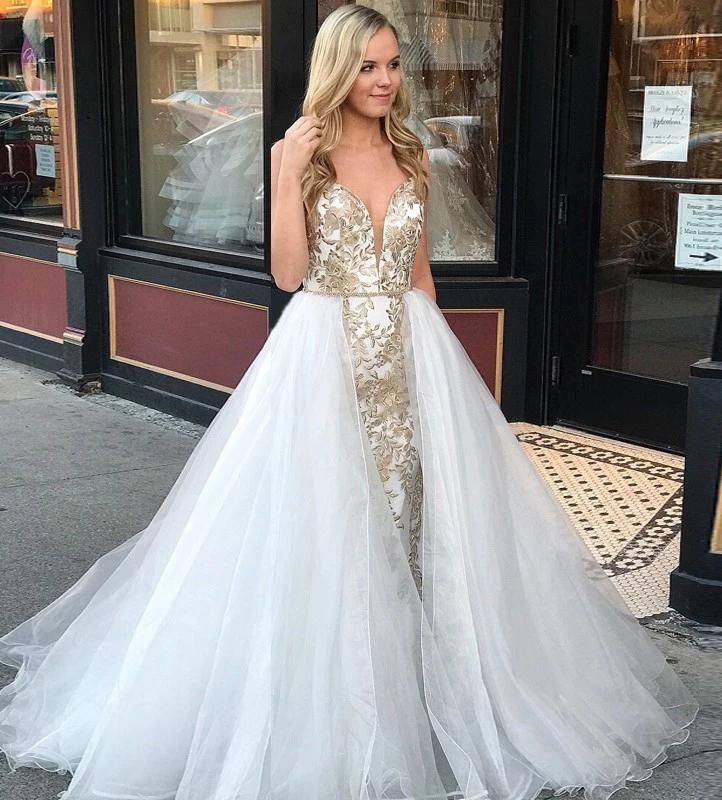 Sheath Spaghetti Straps White Detachable Train Prom Dress with Appliques, Quinceanera Dresses SRS15373