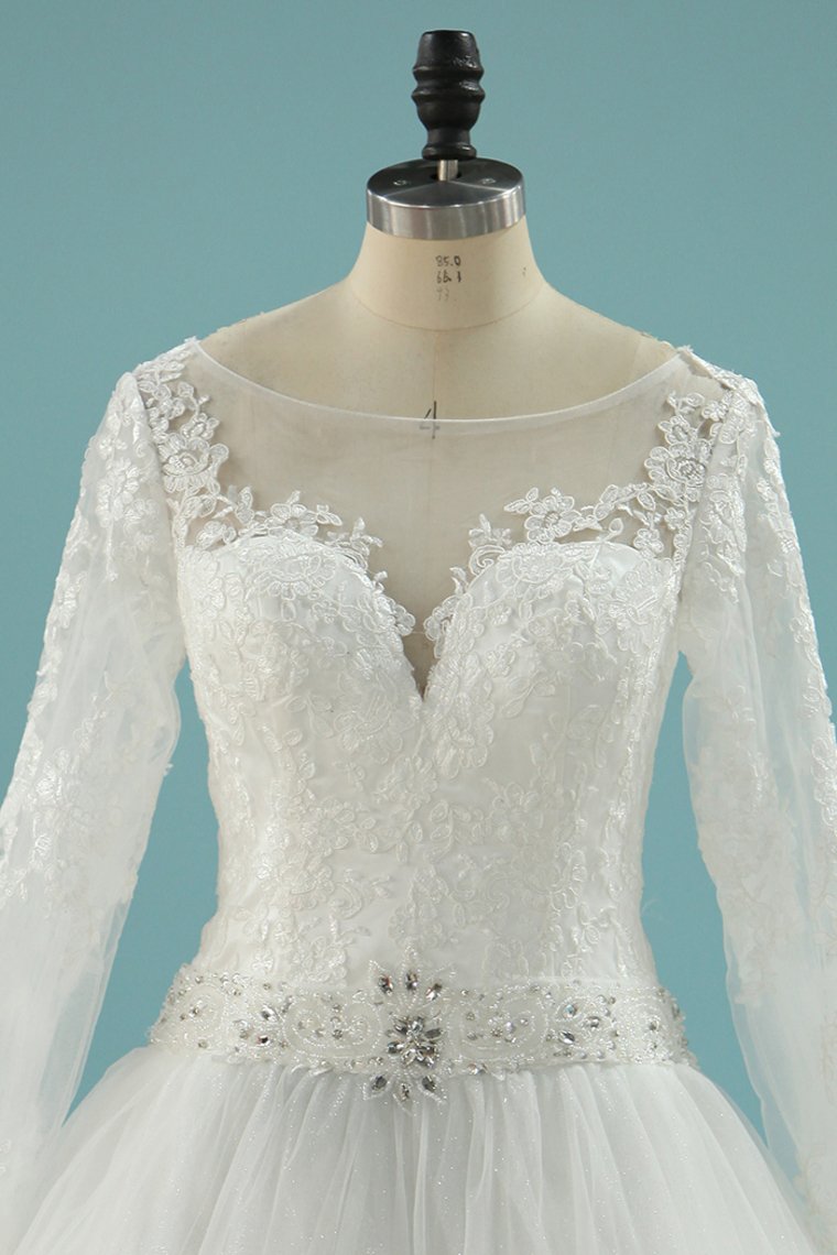2024 Scoop Wedding Dresses A Line Long Sleeves Tulle Court Train