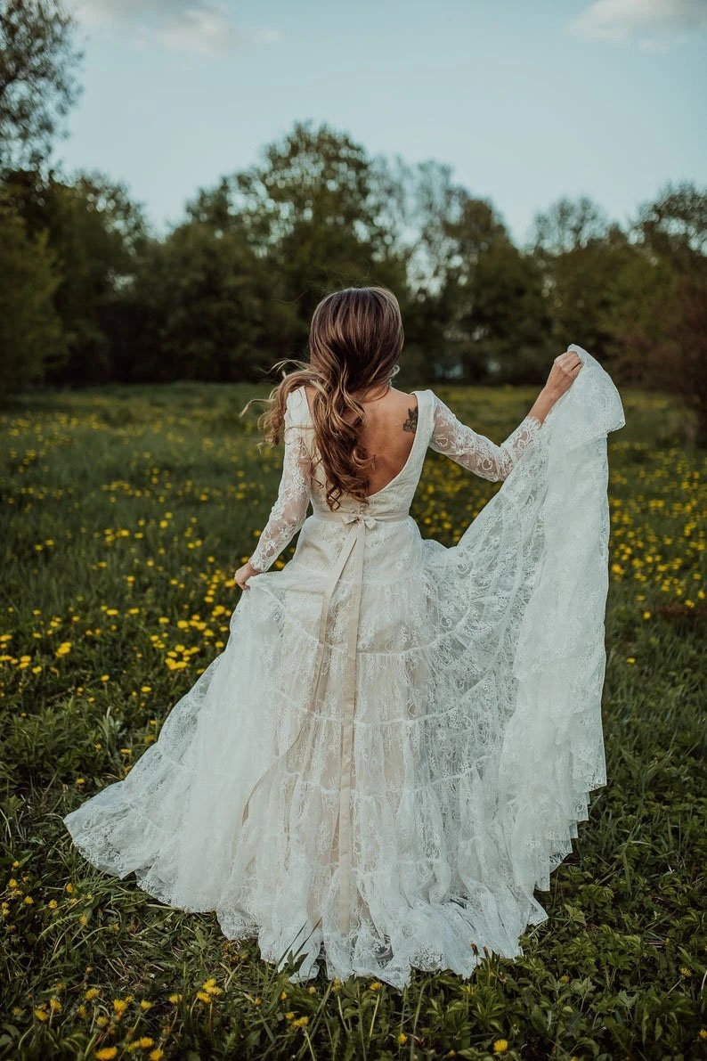 Charming Long Sleeves Lace V Neck Bohemian Backless Beach Wedding SRS20400