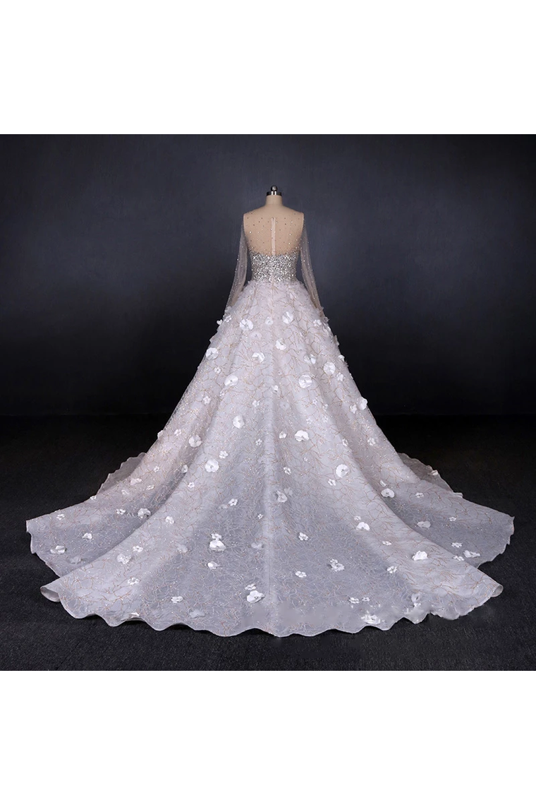 Gorgeous Long Sleeves Flowers Ball Gown Wedding Dress With Sequin Beaded