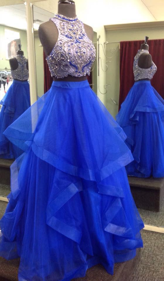 Royal Blue Two Piece Beaded Bodice Tulle Skirt Ball Gown Halter Sleeveless Prom Dresses RS224