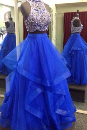 Royal Blue Two Piece Beaded Bodice Tulle Skirt Ball Gown Halter Sleeveless Prom Dresses RS224