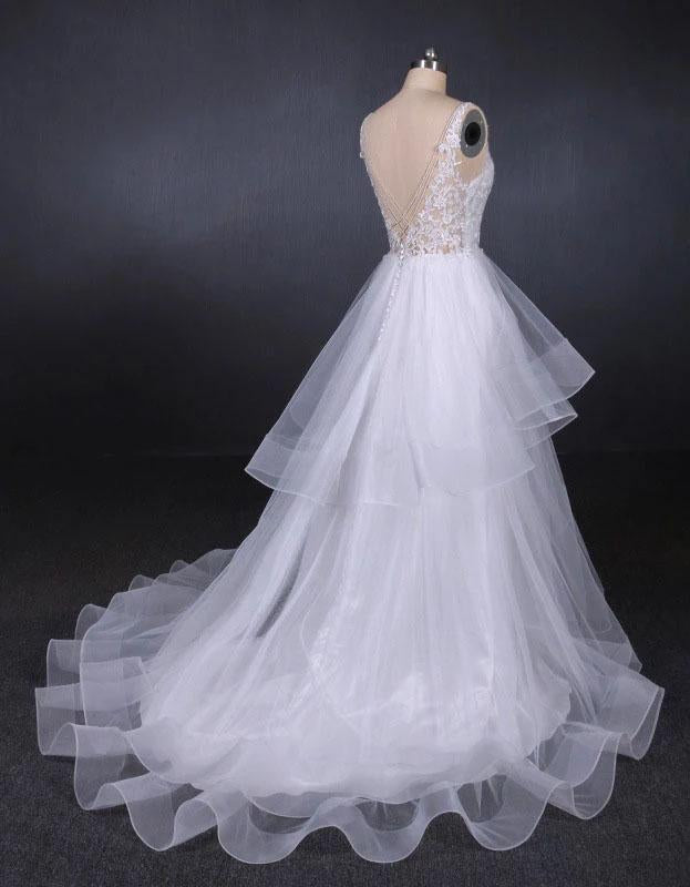 Elegant V-neck Tulle Open Back Wedding Dresses, Asymmetrical Long Bridal Dresses SRS15217