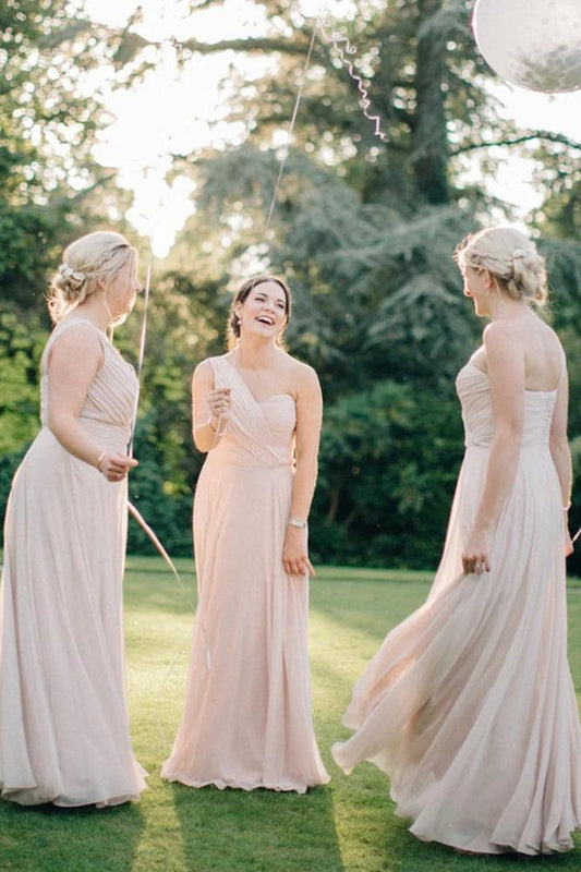 A Line Pink One Shoulder Chiffon Long Simple Bridesmaid Dresses, Wedding Party Dresses SRS15552