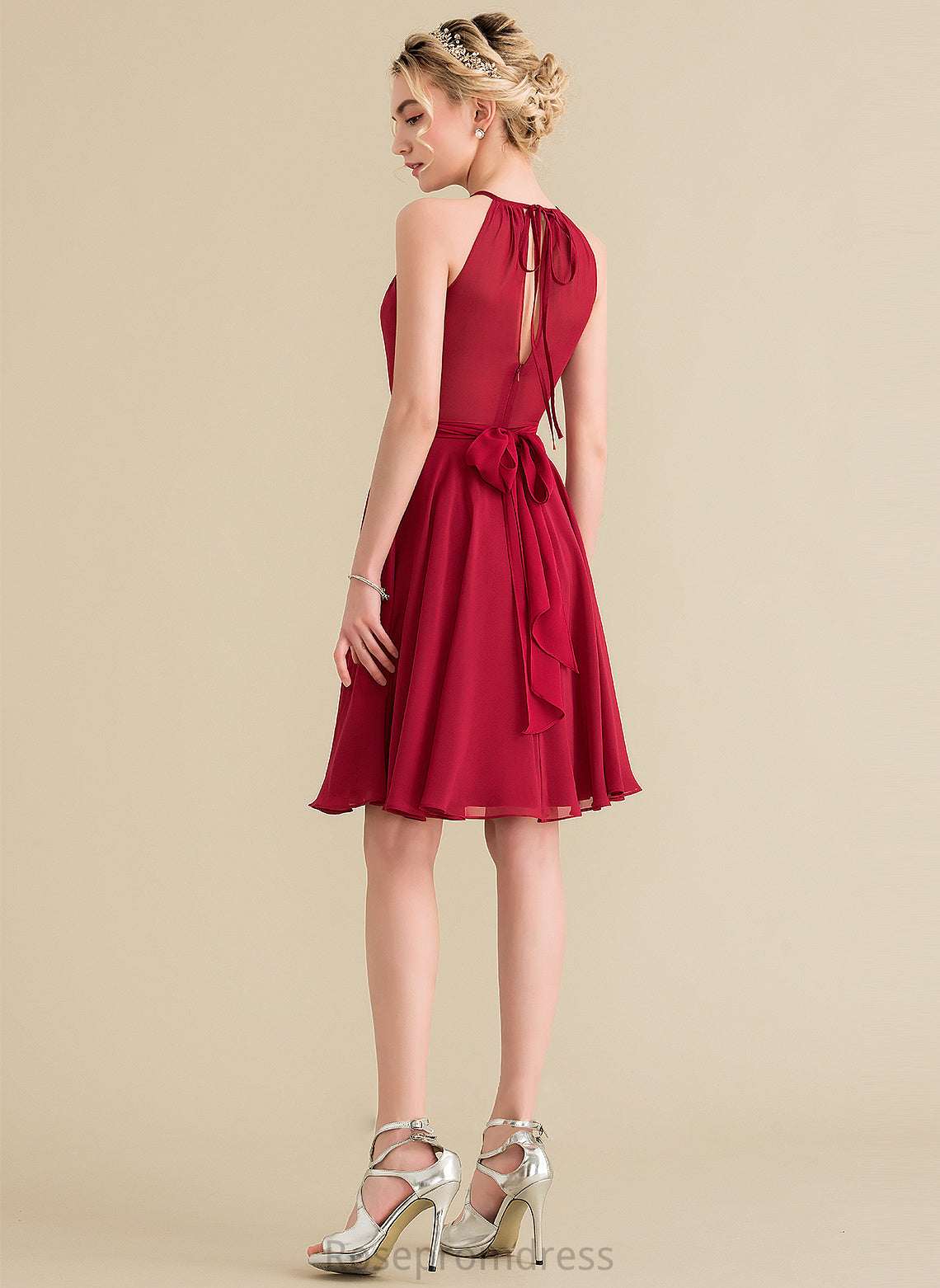 Neckline Fabric Knee-Length ScoopNeck Silhouette A-Line Bow(s) Ruffle Length Embellishment Kinsley Natural Waist Bridesmaid Dresses