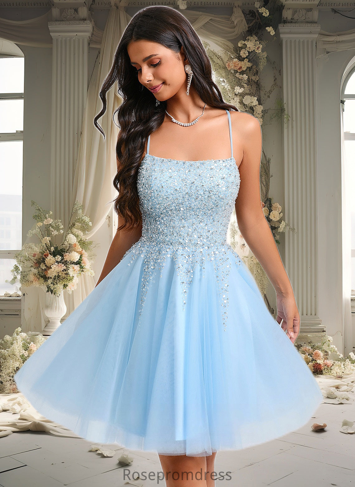 Tessa A-line Scoop Short Tulle Sequin Homecoming Dress With Sequins Beading DSP0025706