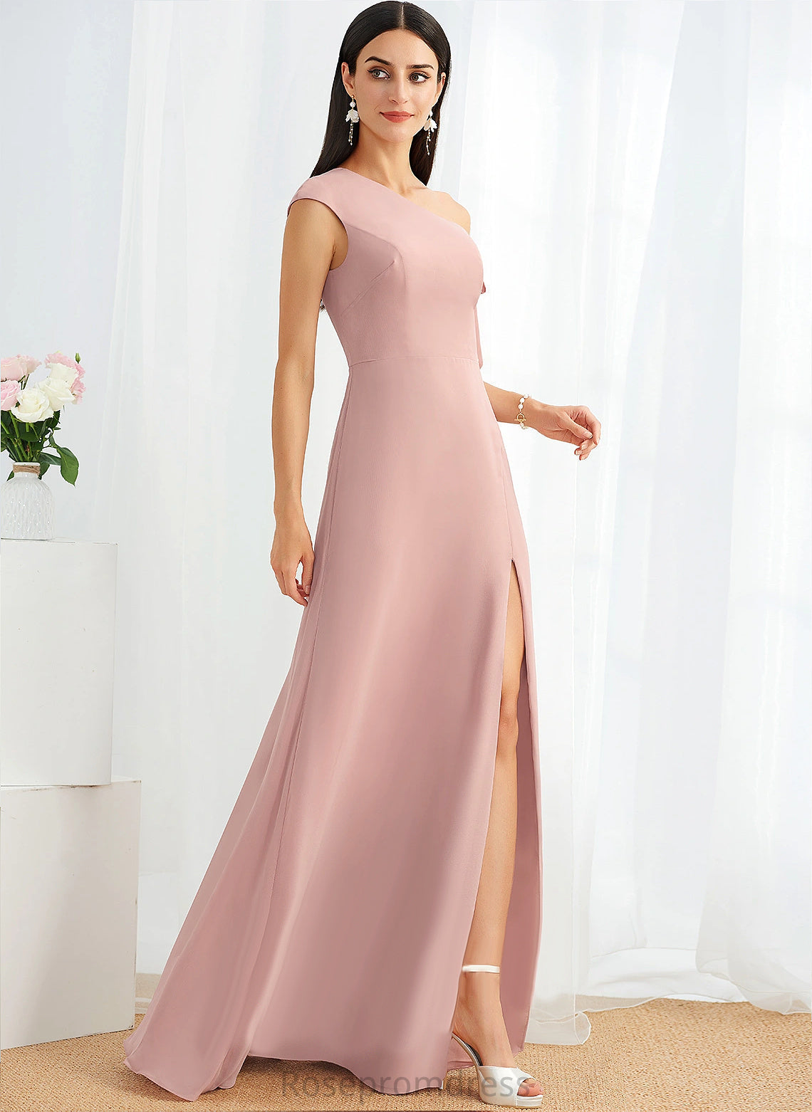 Floor-Length Fabric Embellishment OneShoulder Silhouette Neckline A-line Length Maryjane Spaghetti Staps Sleeveless Empire Waist Bridesmaid Dresses