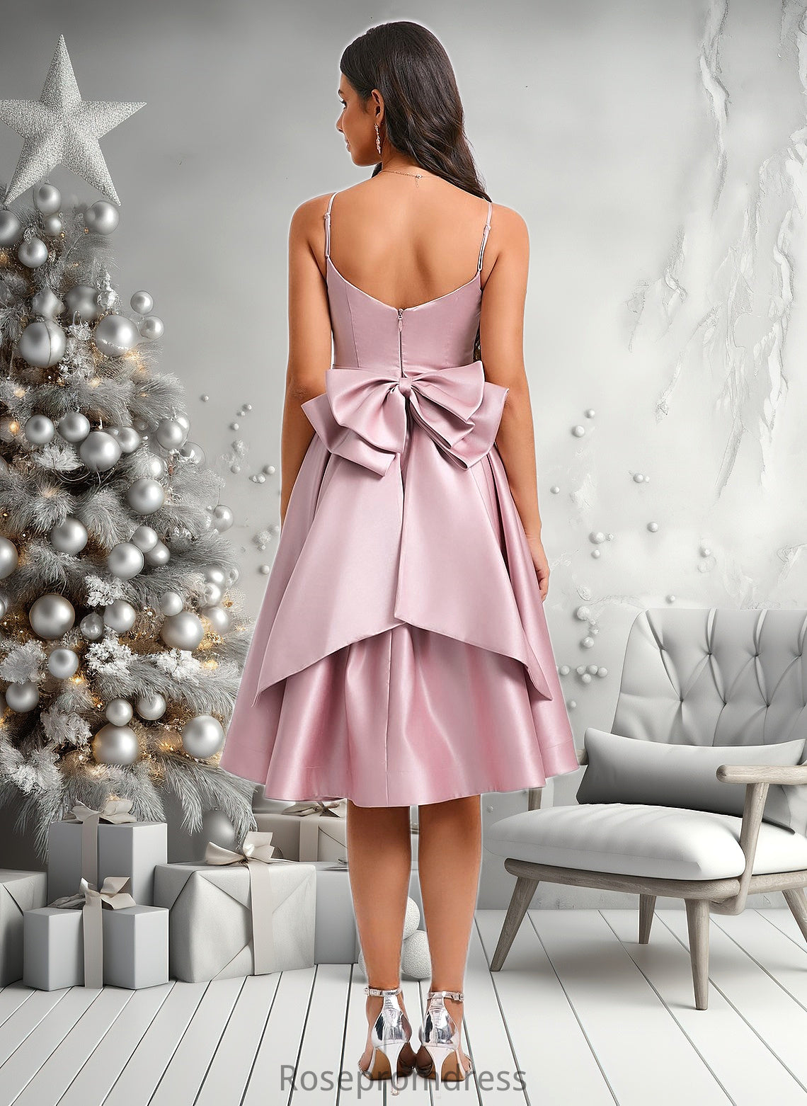Briana A-line V-Neck Asymmetrical Satin Homecoming Dress With Bow Pleated DSP0025699