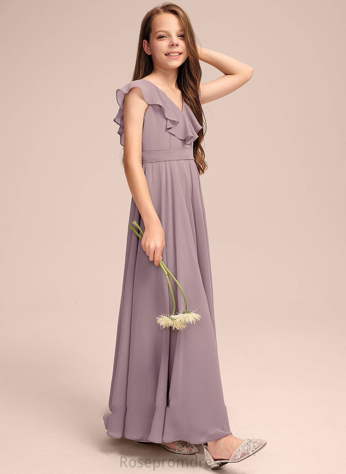 Cascading A-Line Chiffon V-neck Junior Bridesmaid Dresses Muriel Ruffles With Floor-Length