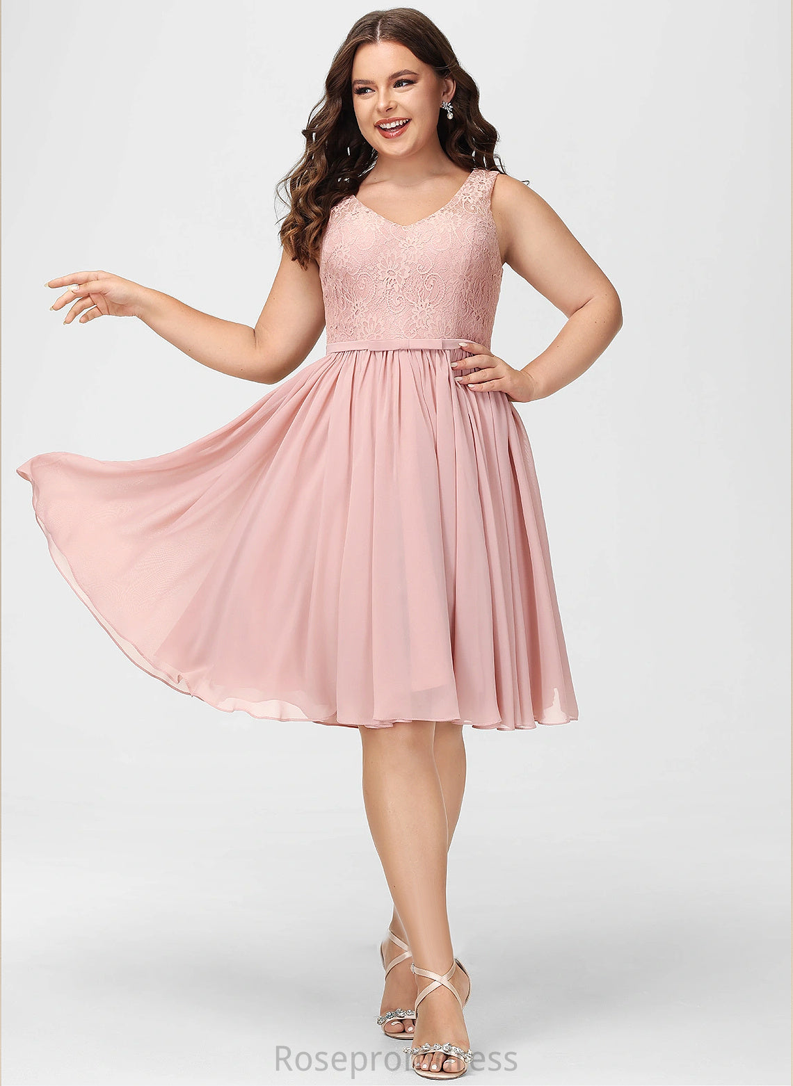 Lace Knee-Length A-line Length Neckline Silhouette Fabric V-Neck Embellishment Hayley Bridesmaid Dresses