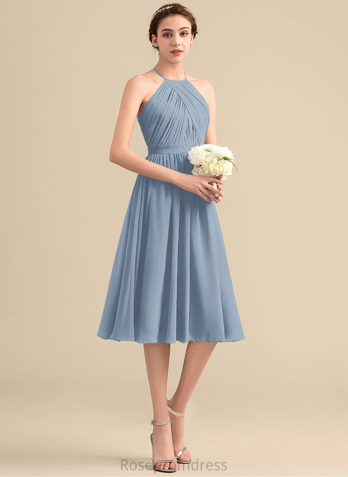 Neckline Fabric Length A-line Silhouette Straps&Sleeves Scoop Knee-Length Sasha Sleeveless Natural Waist V-Neck Bridesmaid Dresses