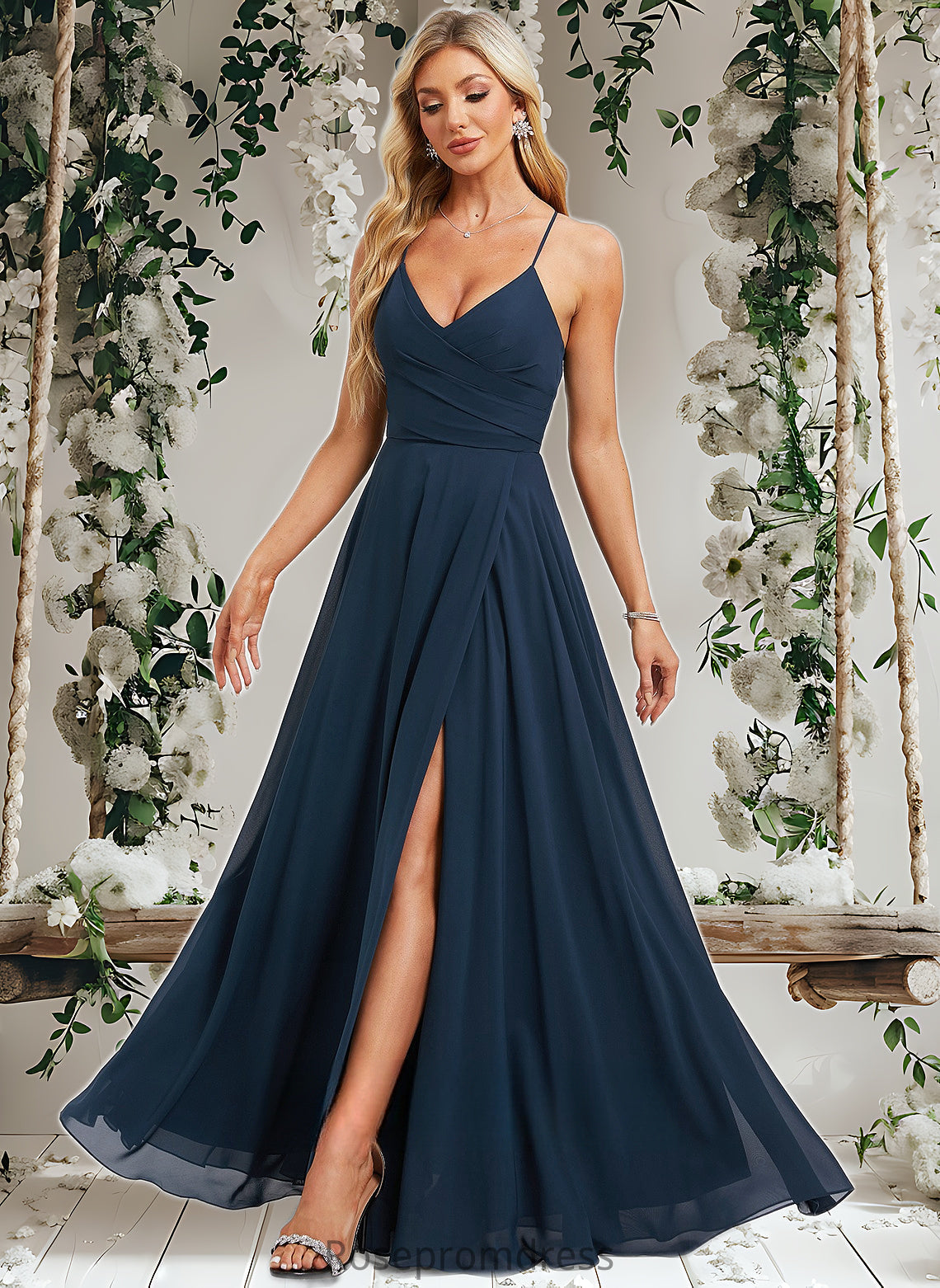 Lynn A-line V-Neck Floor-Length Chiffon Prom Dresses With Pleated DSP0025830