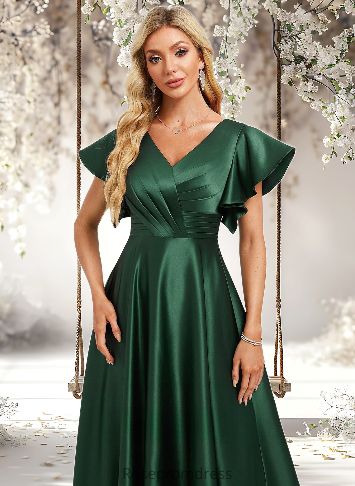 Eliza A-line V-Neck Floor-Length Satin Bridesmaid Dress With Ruffle DSP0025777