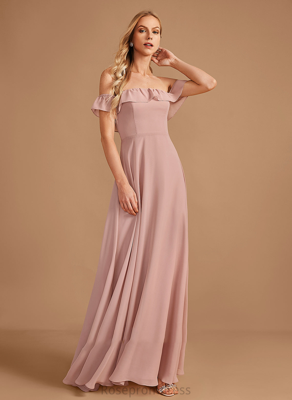 Off-the-Shoulder Length Embellishment Floor-Length Ruffle Silhouette Fabric Neckline A-Line Abagail Natural Waist Spaghetti Staps Bridesmaid Dresses