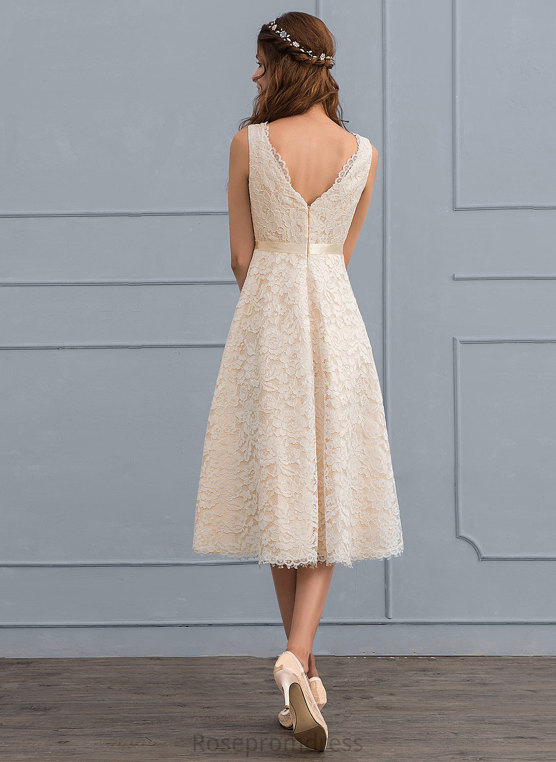 Lace Alma Bow(s) Wedding V-neck With Dress Wedding Dresses Knee-Length A-Line