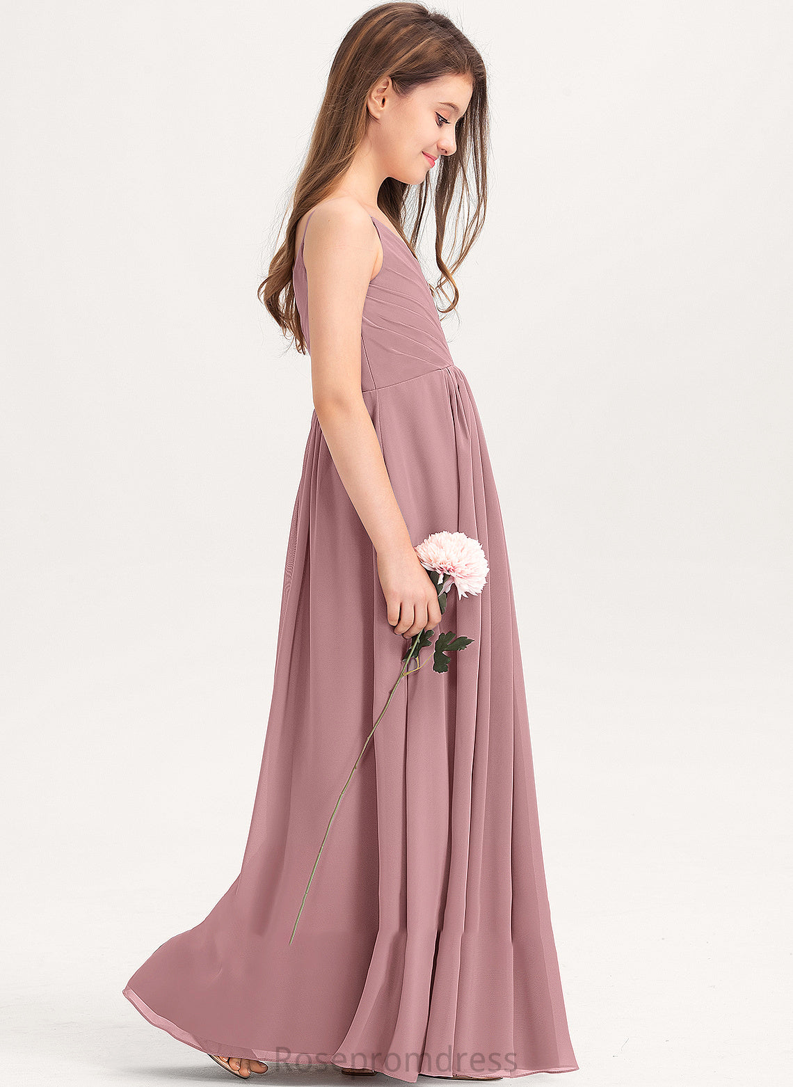 Junior Bridesmaid Dresses Saniya Chiffon With Floor-Length V-neck Ruffle A-Line