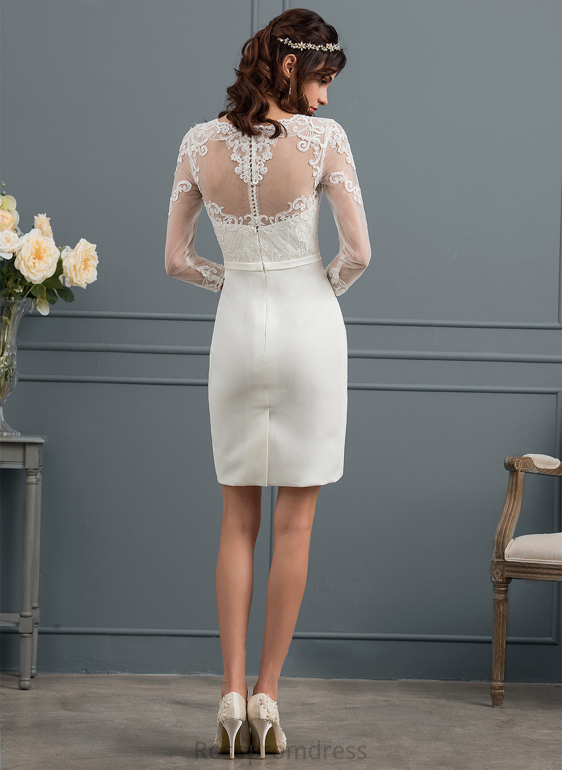Sheath/Column Wedding Dresses With Wedding Sequins Stretch Crepe Illusion Melinda Bow(s) Knee-Length Dress