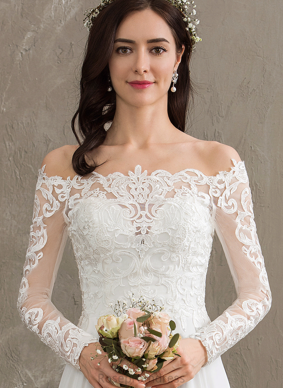 Floor-Length Chiffon Wedding Dress Lace A-Line Wedding Dresses Hedwig Off-the-Shoulder
