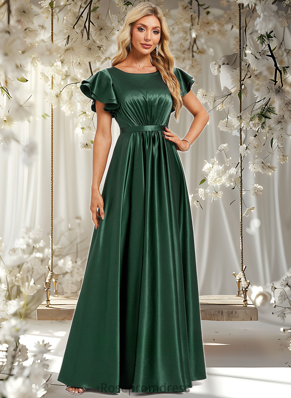 Magdalena A-line Scoop Floor-Length Stretch Satin Bridesmaid Dress With Ruffle DSP0025770