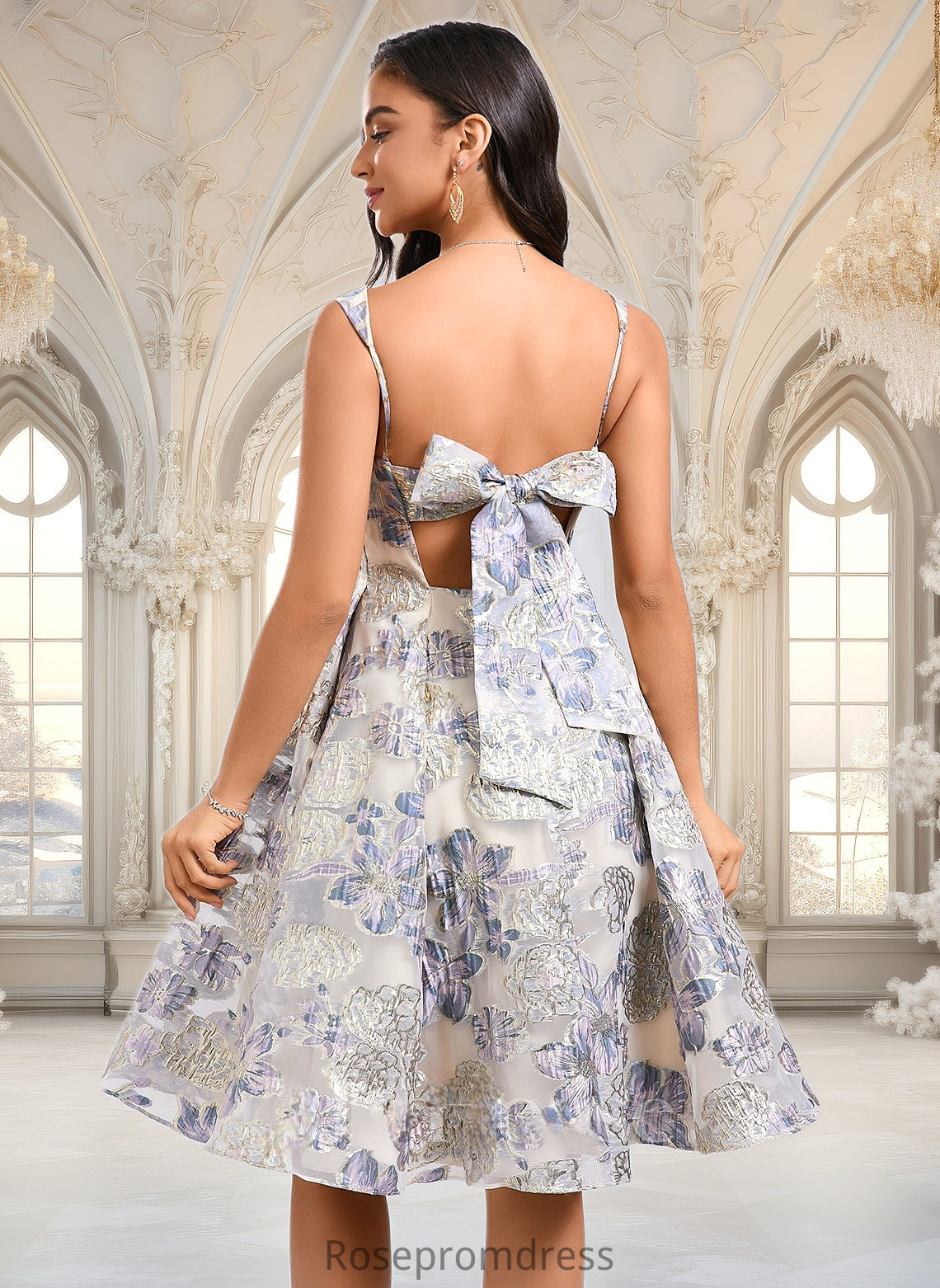 Giada A-line Square Knee-Length Jacquard Homecoming Dress With Bow DSP0025687