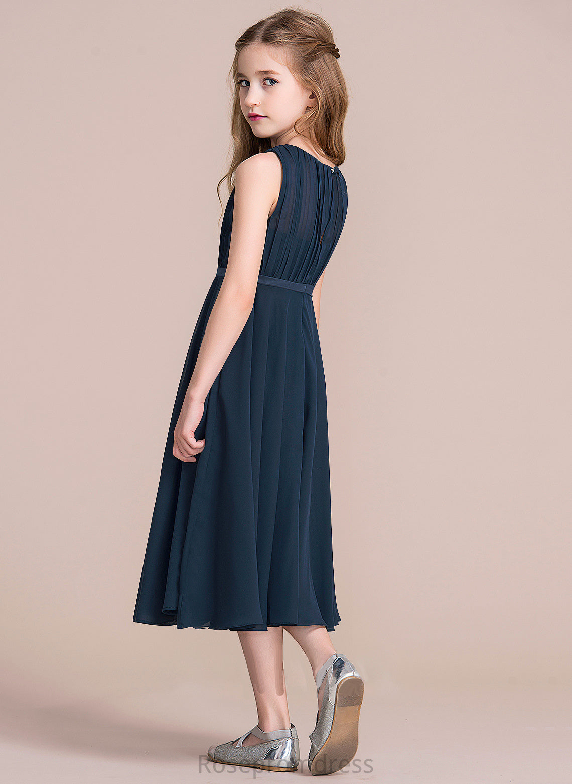Neck Winnie Tea-Length Junior Bridesmaid Dresses With Scoop Chiffon Ruffle A-Line