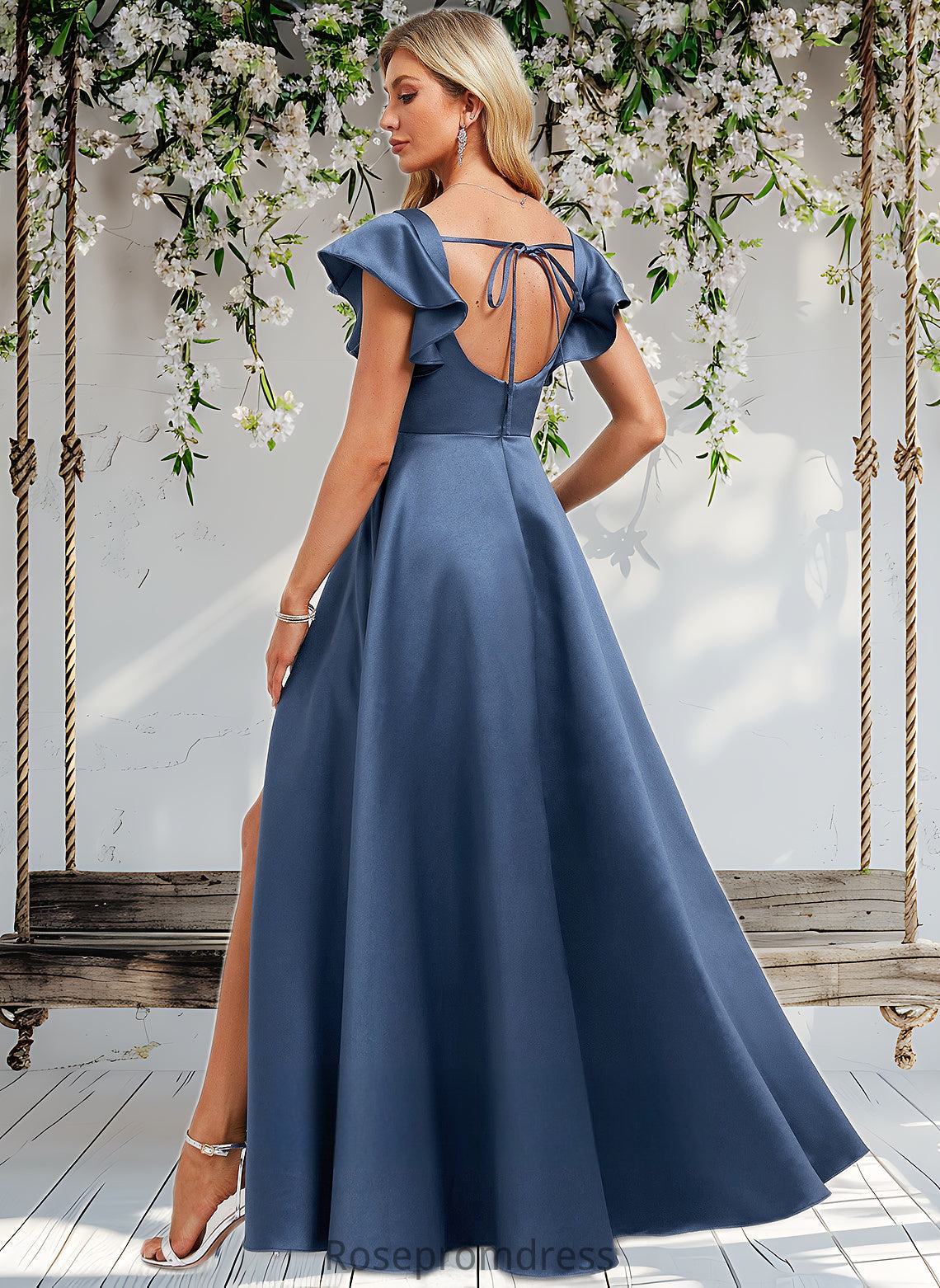 Nell A-line Square Floor-Length Satin Bridesmaid Dress With Ruffle DSP0025774