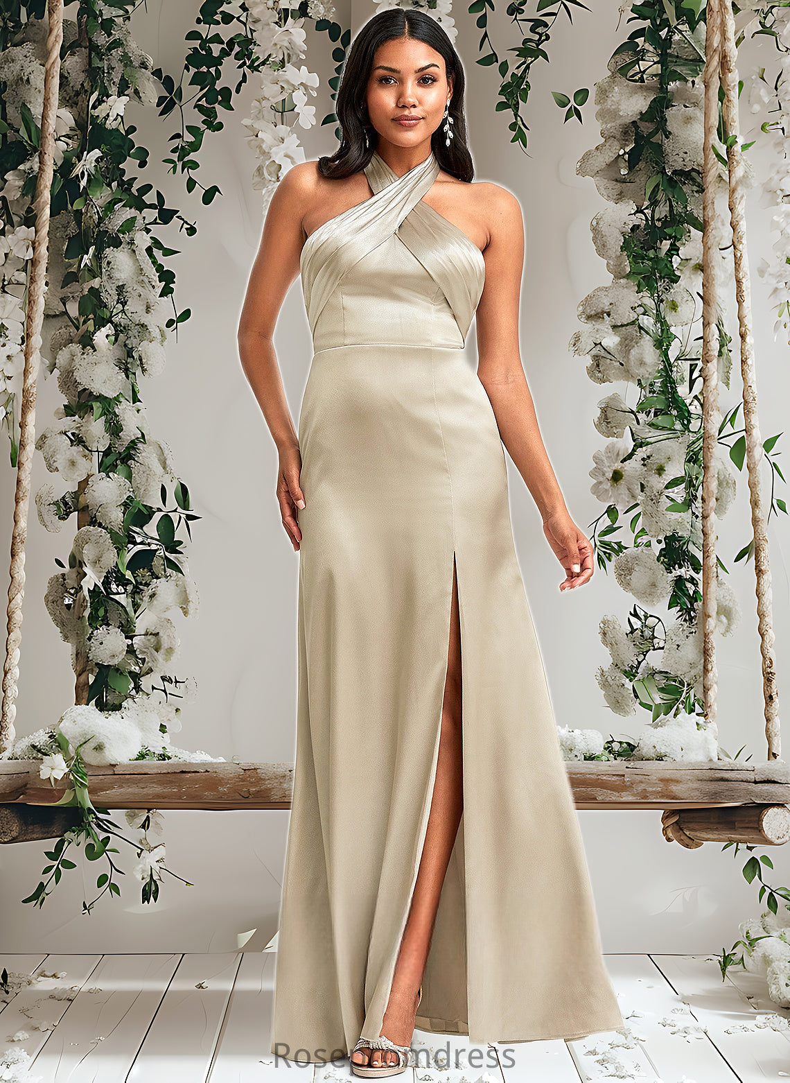 Lina A-line Halter Floor-Length Stretch Satin Bridesmaid Dress DSP0025761