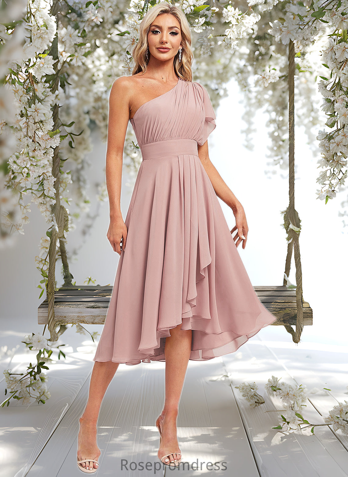 Evangeline A-line One Shoulder Asymmetrical Chiffon Bridesmaid Dress With Ruffle DSP0025819